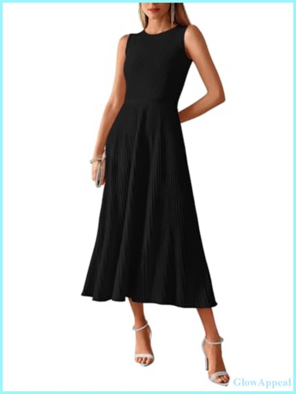 Sleeveless Midi Tank Dress Rib Knit Bodycon A-Line Pleated